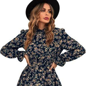 Navy mock neck ruffle dress